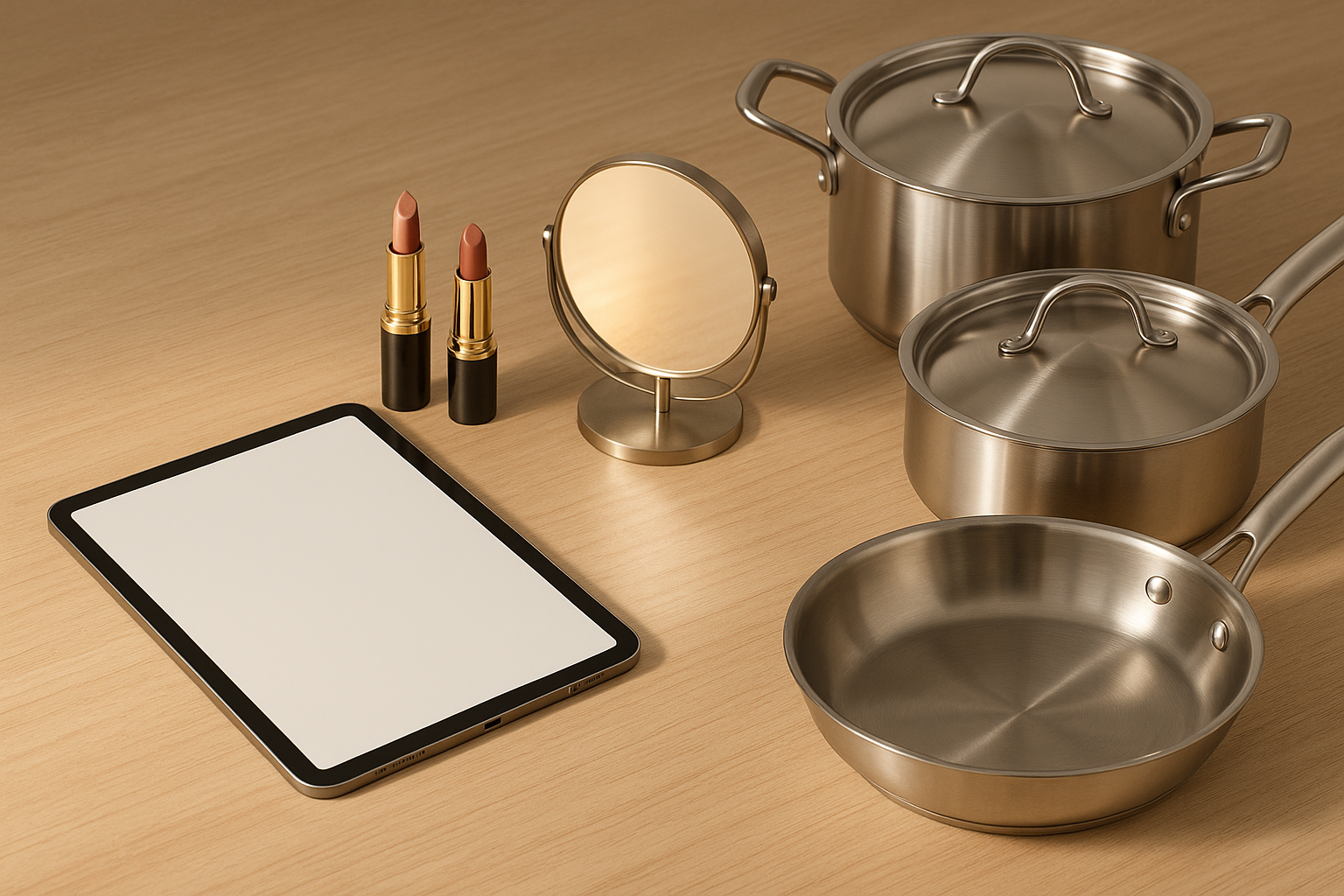 Ipad on Desk-Lipstick near mirror and a cookware set